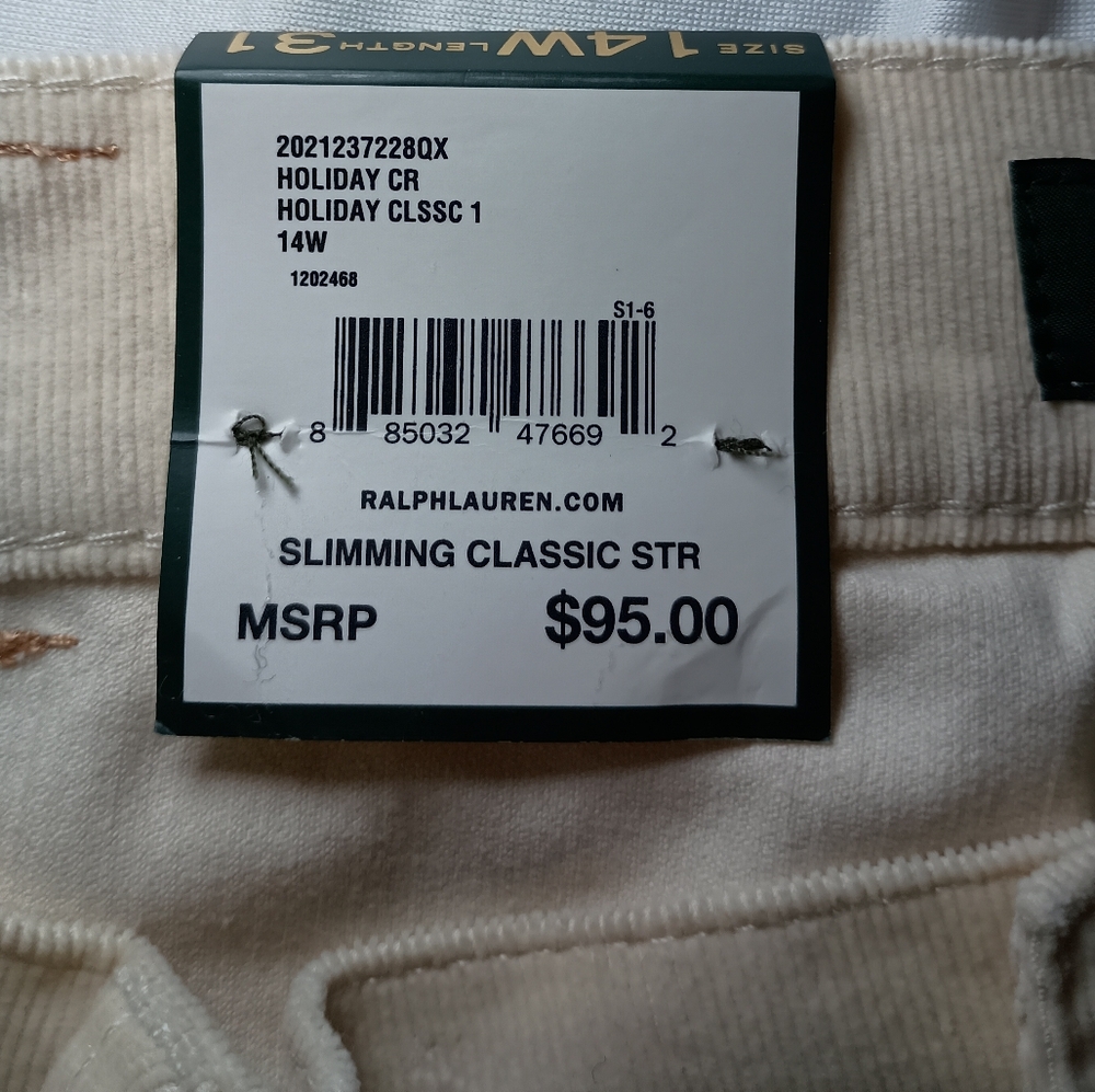 LRL Lauren Jeans Co. Cream Corduroy Pants –Size 14W Slimming Classic Straight - Picture 11 of 13